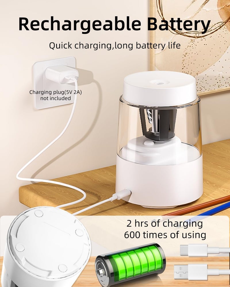 Zmol Electric Rechargeable Pencil Sharpener, Automatic Pencil Sharpeners Kids, Battery Powered Pencil Sharpeners for Colored Pencils, Auto Stop, Suitable for No.2(6-8mm), Classroom/Home White - Image 4